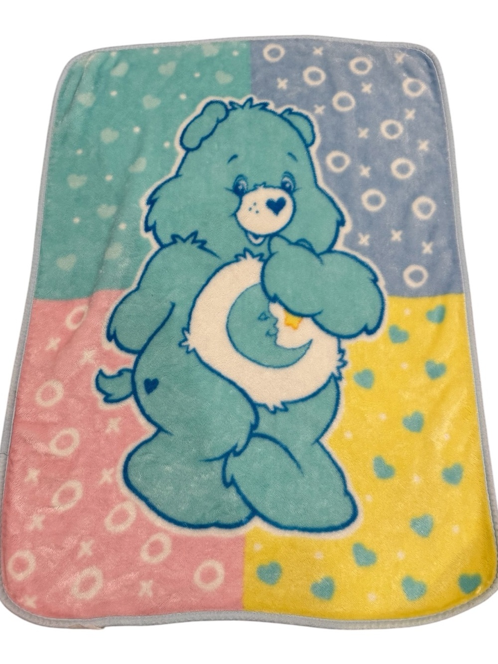 🐻💙VTG Care Bears Bedtime Bear Pink Yellow & Blue Print Plush Baby Throw Blanket